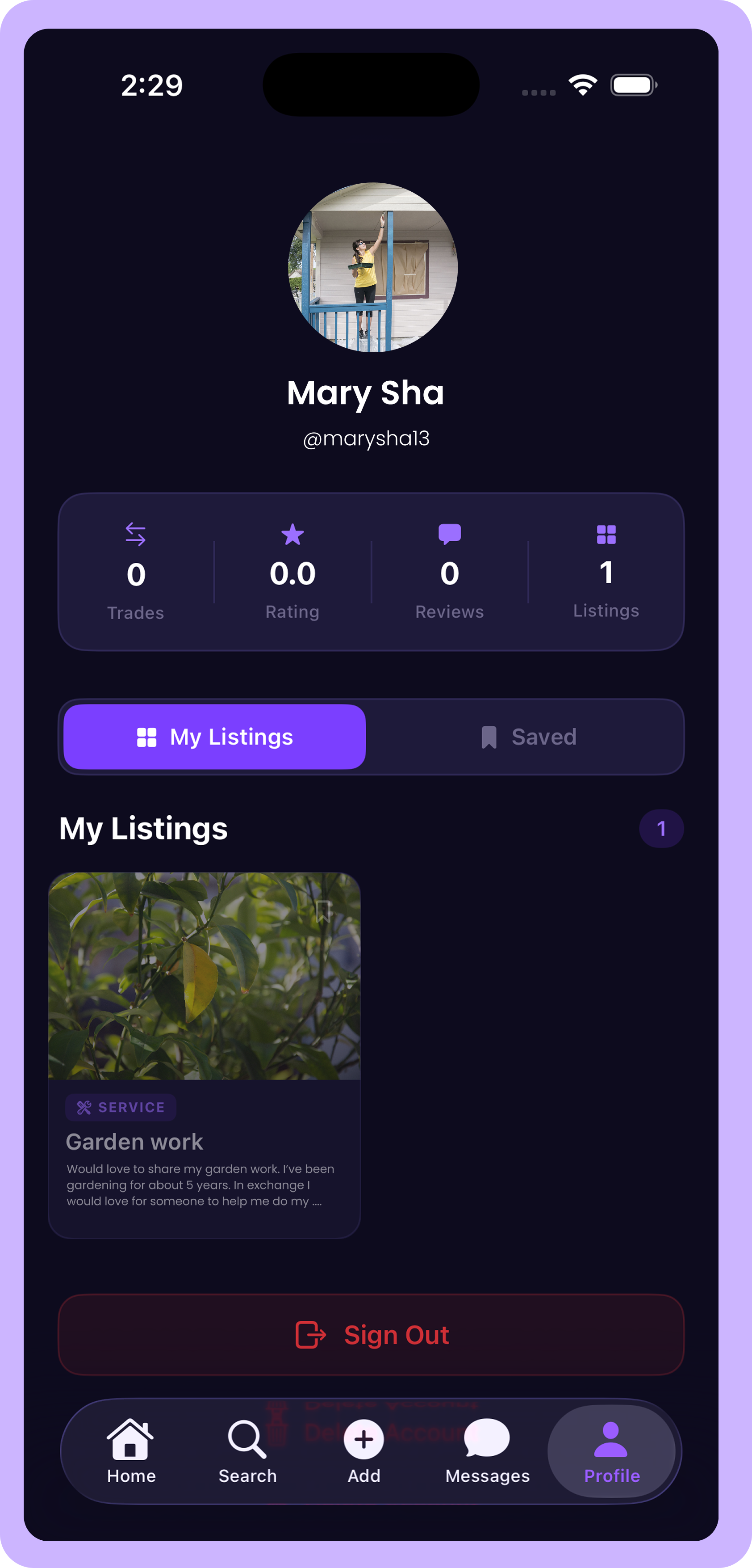 BRTR: User profile with trades and listings