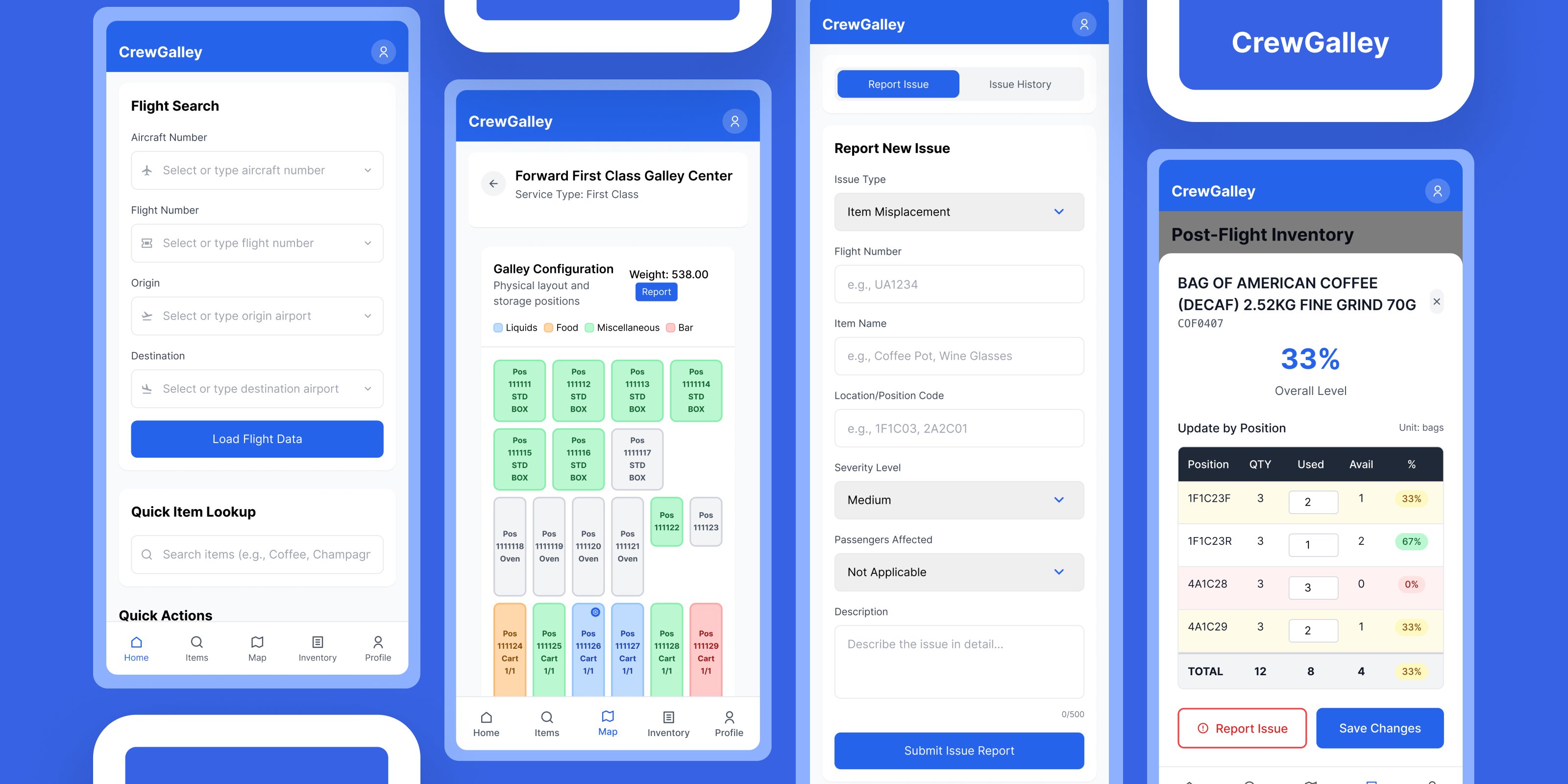 CrewGalley app screens. home, galley map, issue reporting, and inventory tracking