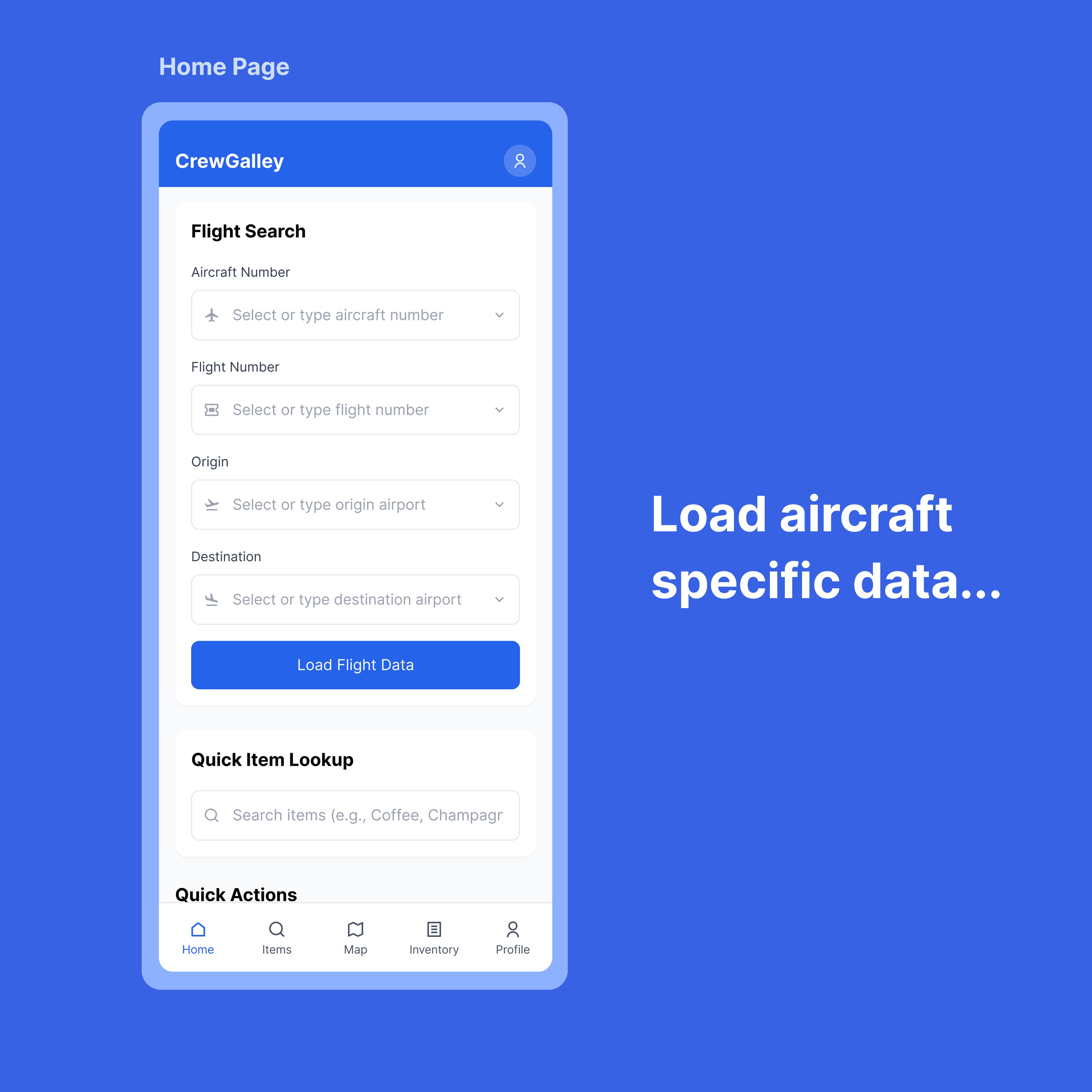CrewGalley home page. flight search and quick actions for loading aircraft data