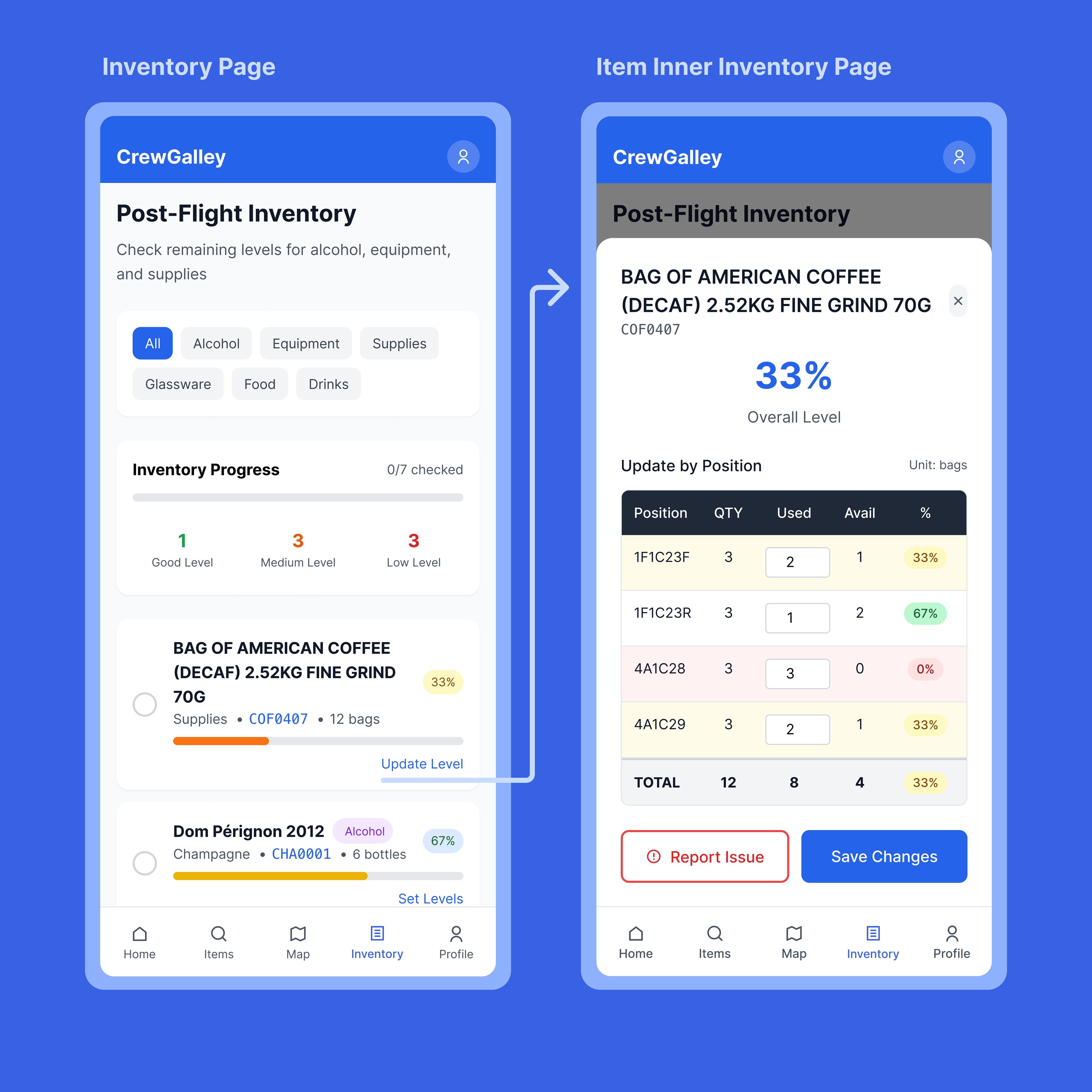 CrewGalley inventory page. post-flight tracking with position-level quantity updates