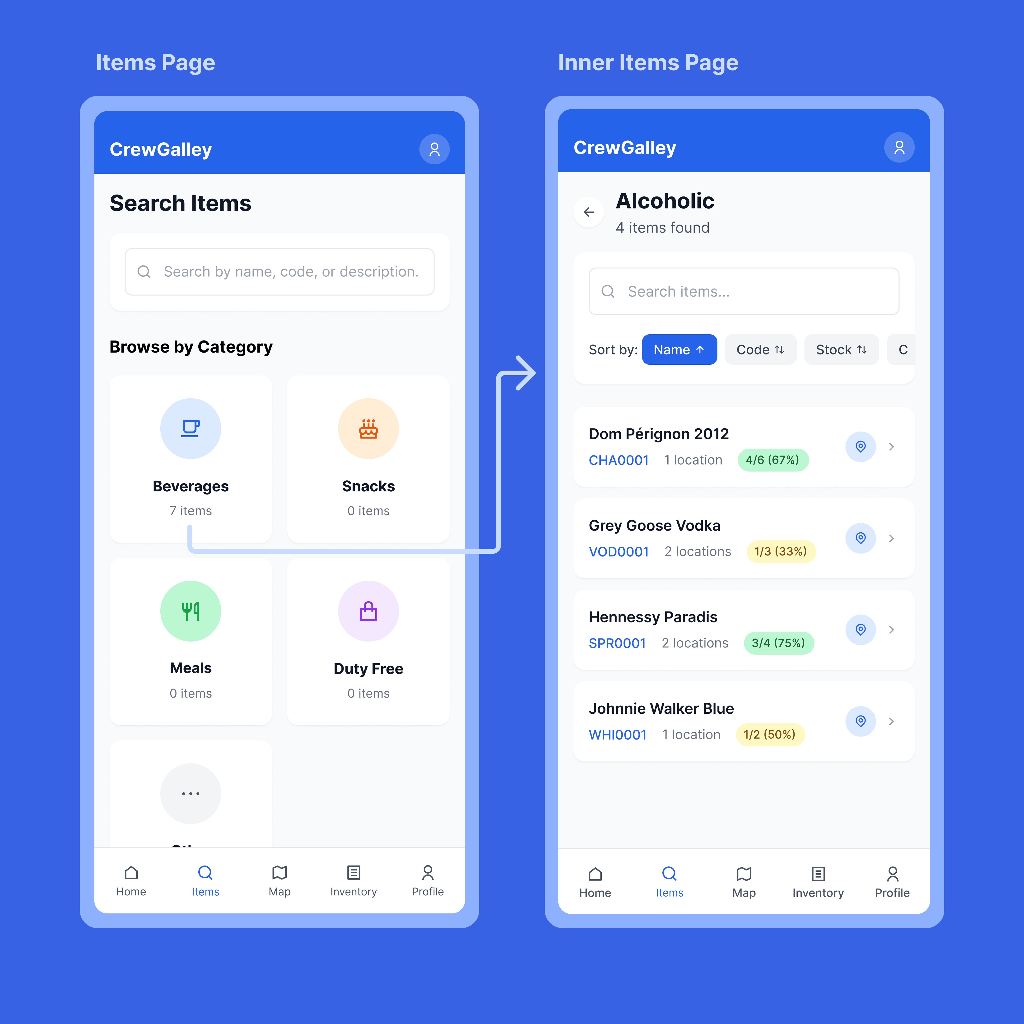CrewGalley items page. category browse and searchable item list with stock levels
