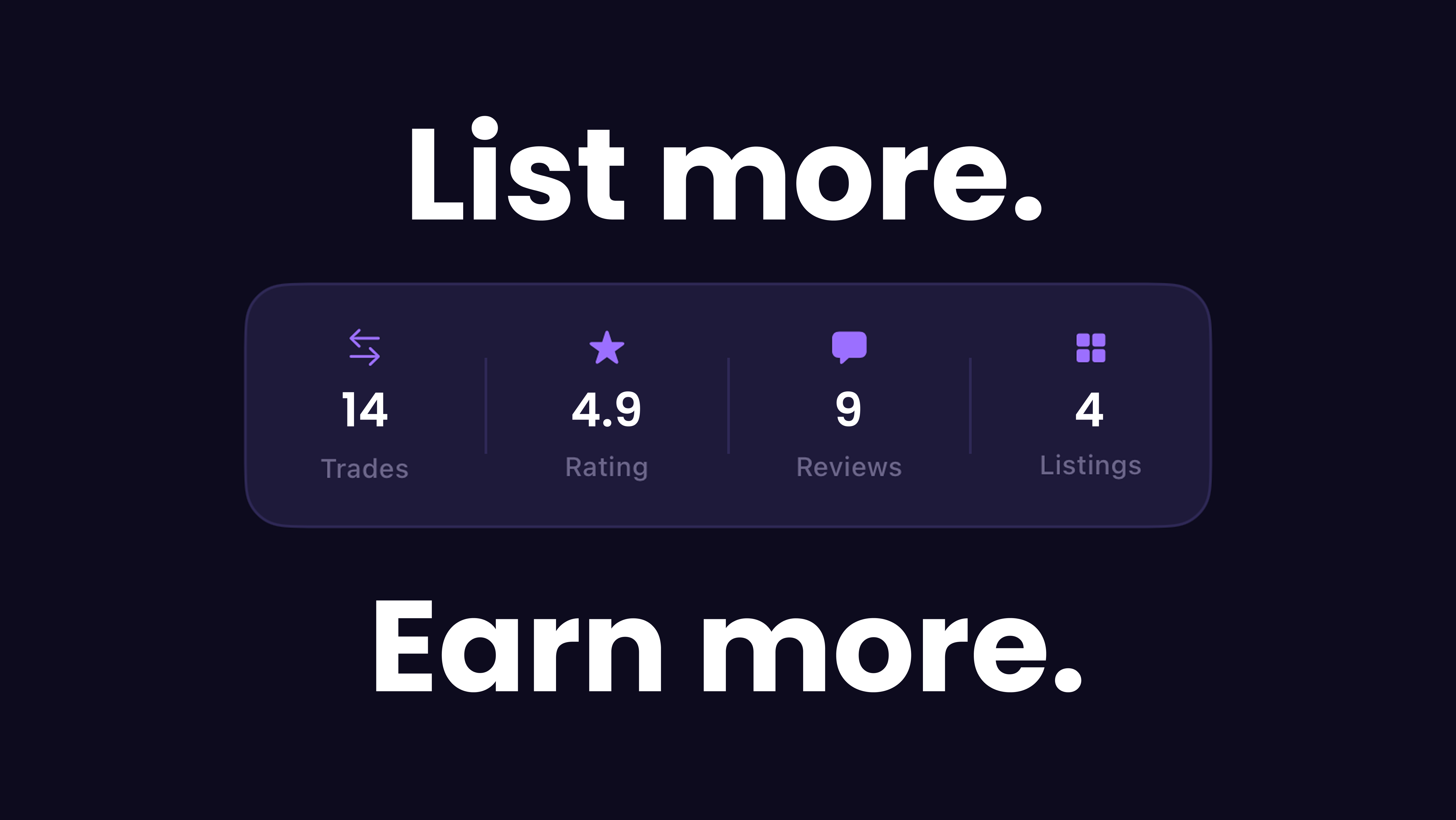 BRTR: rating and review dashboard showing trades, rating, reviews, and listings